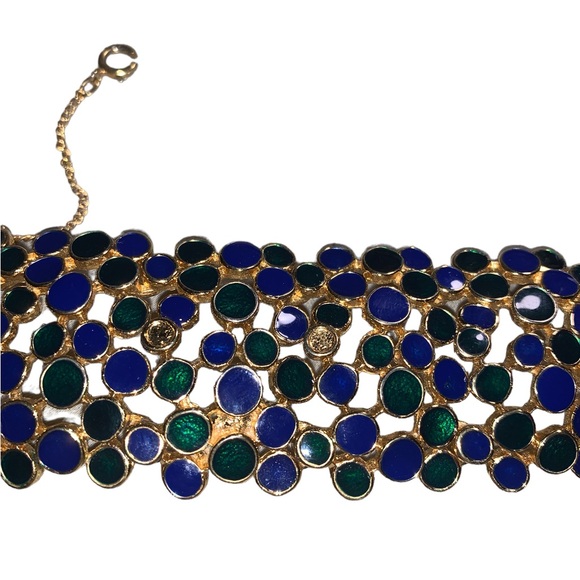 Vintage bracelet, gold with blue and green enamel decoration. 8”x1.5” - Picture 5 of 8